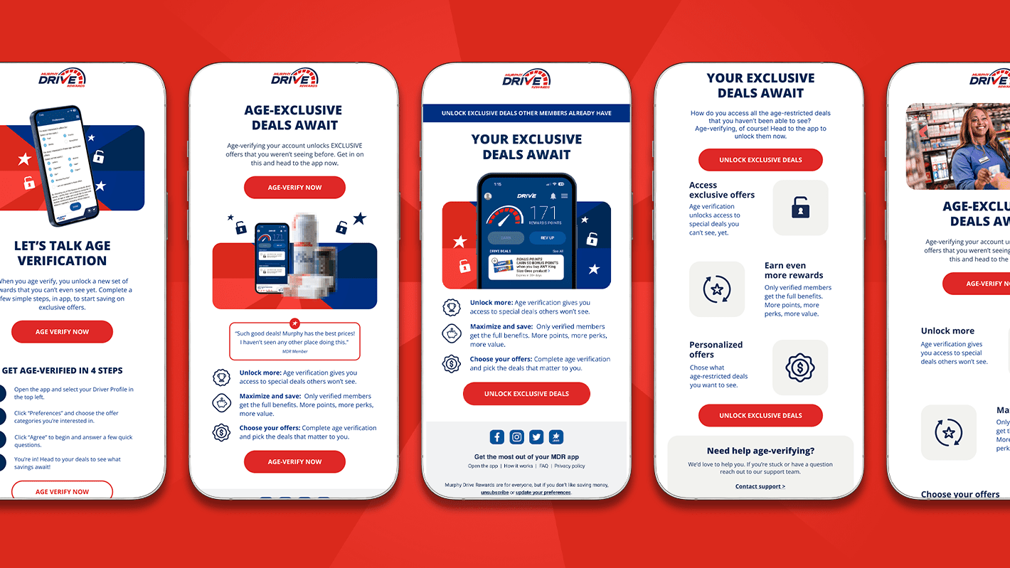 Five smartphone mockups displayed side-by-side against a red background, showcasing various promotional screens for the Murphy Drive Rewards app's age-verification feature designed to unlock exclusive, age-restricted deals.