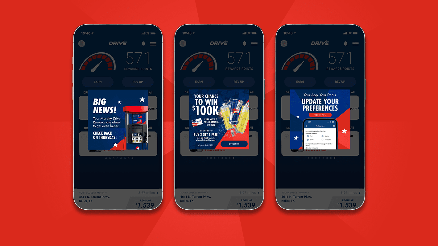 Three smartphones side-by-side displaying the Murphy Drive rewards mobile app against a red background. The screens showcase different promotional banners inside the app: 'BIG NEWS!' about upcoming rewards, a Red Bull 'CHANCE TO WIN $100K' sweepstakes, and an 'UPDATE YOUR PREFERENCES' prompt.