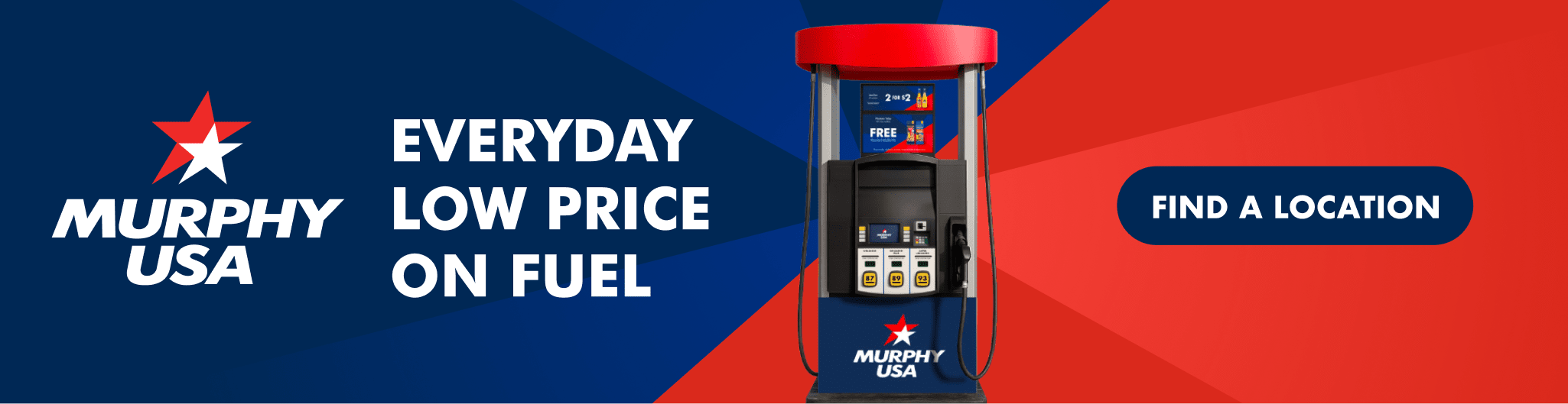 An advertisement for Murphy USA featuring a gas pump against a blue and red background, with the text 'Everyday Low Price on Fuel' and a 'Find a Location' button.