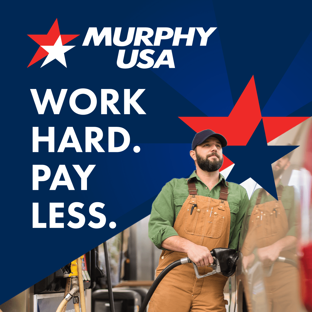 A Murphy USA promotional graphic featuring a man in brown overalls and a green shirt refueling a vehicle, with the text 'WORK HARD. PAY LESS.' on a blue background with red and white stars.