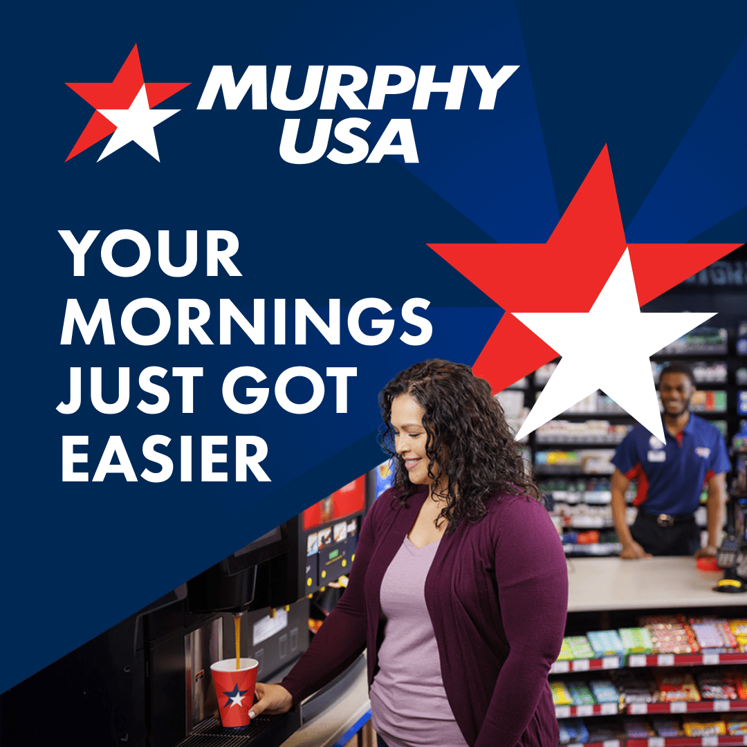 An advertisement for Murphy USA featuring the text 'YOUR MORNINGS JUST GOT EASIER' on a dark blue background. On the right, a smiling woman pours coffee into a Murphy USA cup inside the store, while a store clerk stands behind a counter in the background.