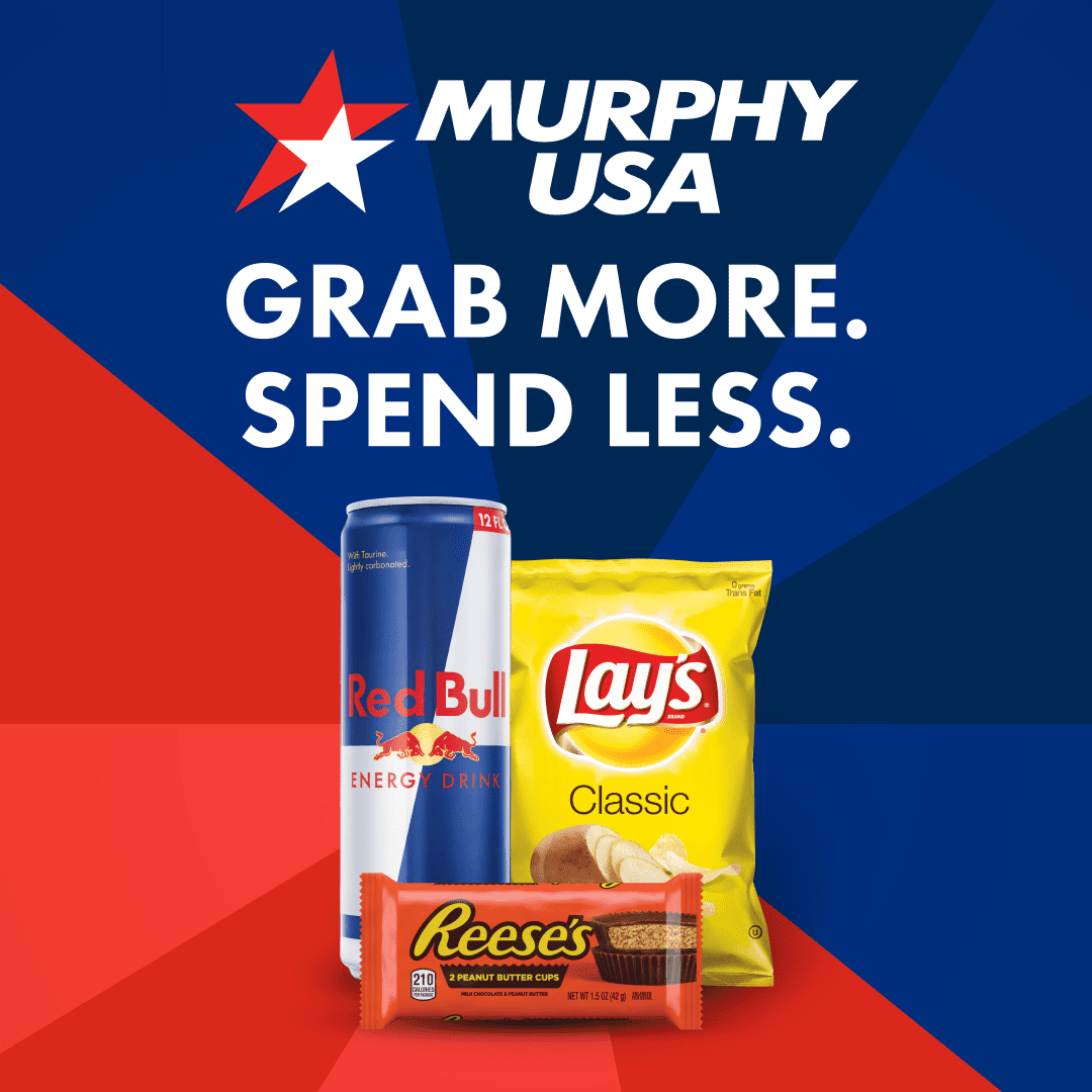 An advertisement for Murphy USA featuring the slogan 'GRAB MORE. SPEND LESS.' displaying three popular snack items: a can of Red Bull Energy Drink, a bag of Lay's Classic potato chips, and a pack of Reese's Peanut Butter Cups, on a red and blue angled background.