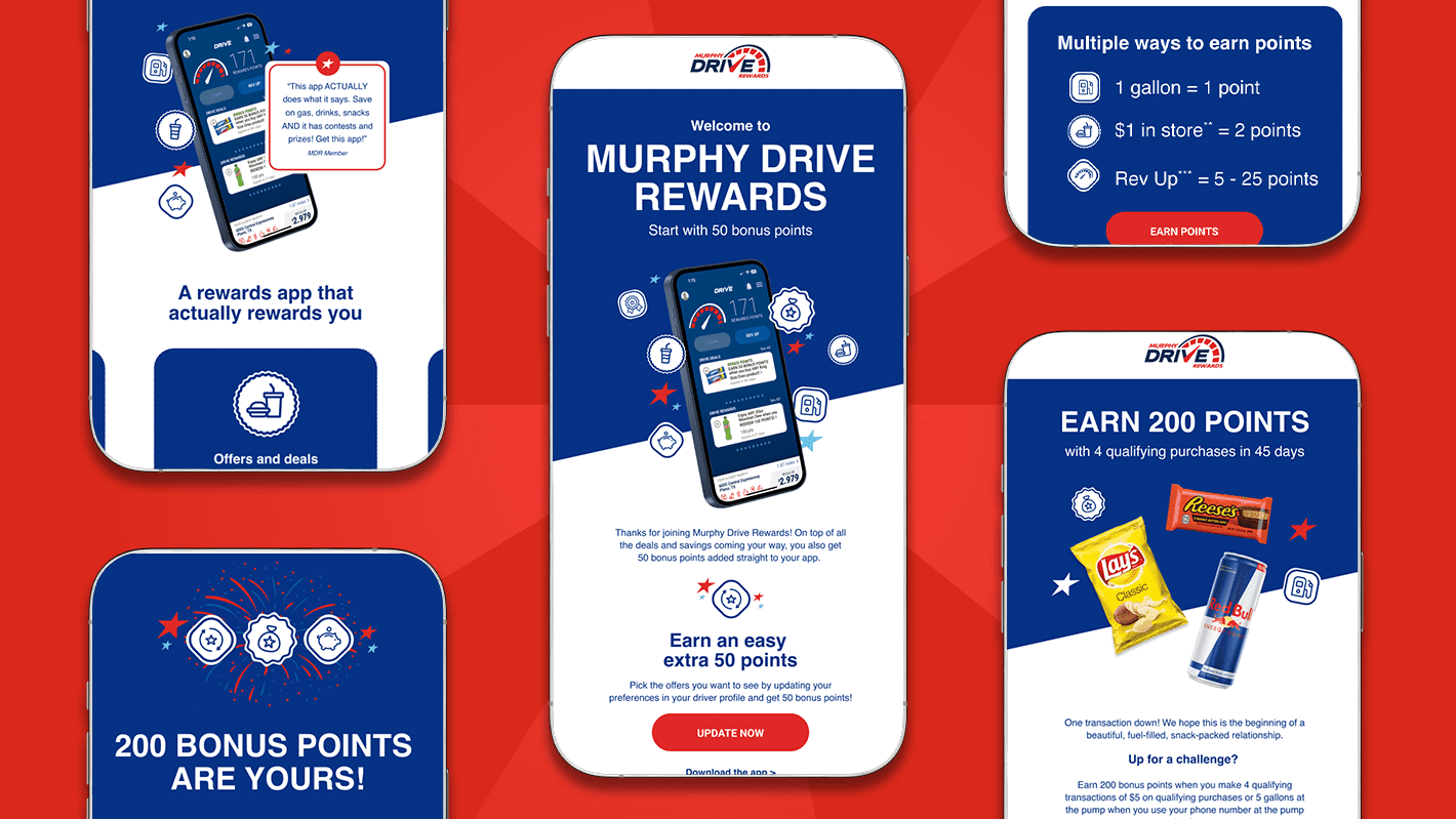 A collection of five mobile app screens on a vibrant red background introducing the Murphy Drive Rewards program. The screens outline key features including a 50-point signup bonus, instructions on earning points (such as 1 point per gallon of gas and 2 points per dollar spent in-store), details on achieving 200 bonus points with qualifying purchases, and testimonials highlighting user satisfaction with the app's rewards and ease of use.
