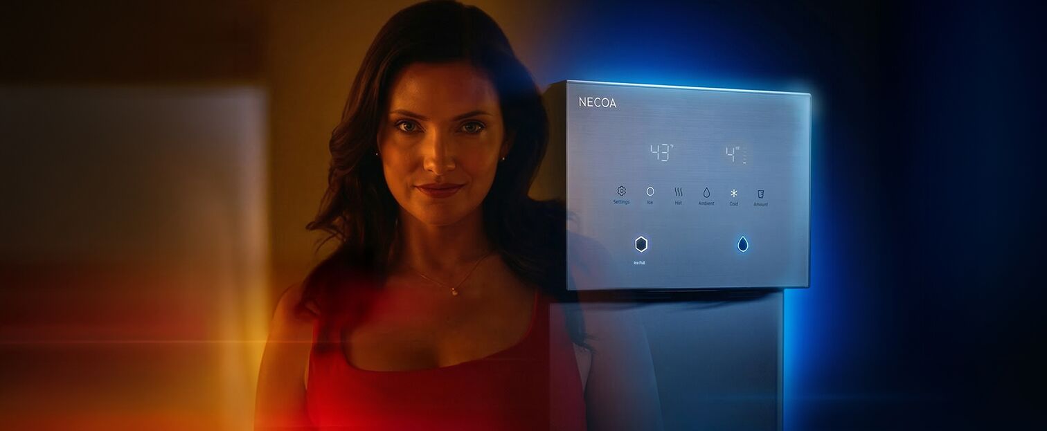 A side-by-side promotional shot showing a woman on the left lit in warm amber light, and a sleek modern NECOA smart water dispenser on the right lit in cool blue neon light.