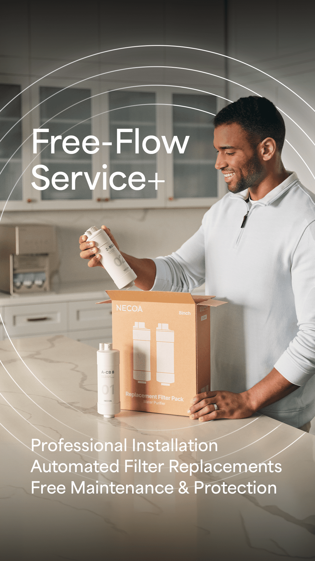 A smiling man in a light blue sweater holds up a water filter cartridge next to an open box containing two more cartridges, with text overlaying the image promoting "Free-Flow Service+" and "Professional Installation, Automated Filter Replacements, Free Maintenance & Protection.