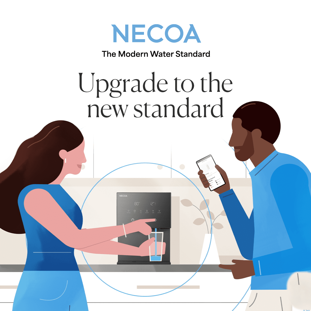 An illustration from NECOA featuring a woman in a blue dress using a touch-control countertop water purifier to fill a glass, while a man in a blue shirt holds a smartphone showing an app interface. Above them, the text reads "NECOA The Modern Water Standard" and "Upgrade to the new standard".