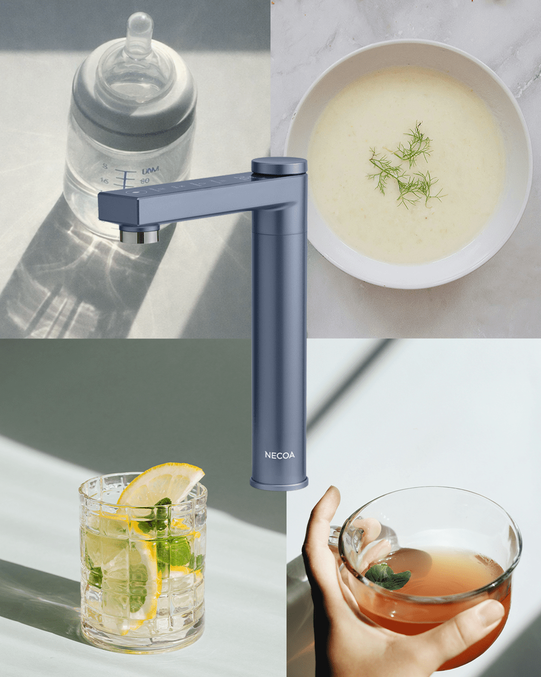 A collage of four images: a baby bottle with water, a modern blue faucet, a bowl of creamy soup with dill, and a glass of lemonade with mint and lemon slices.