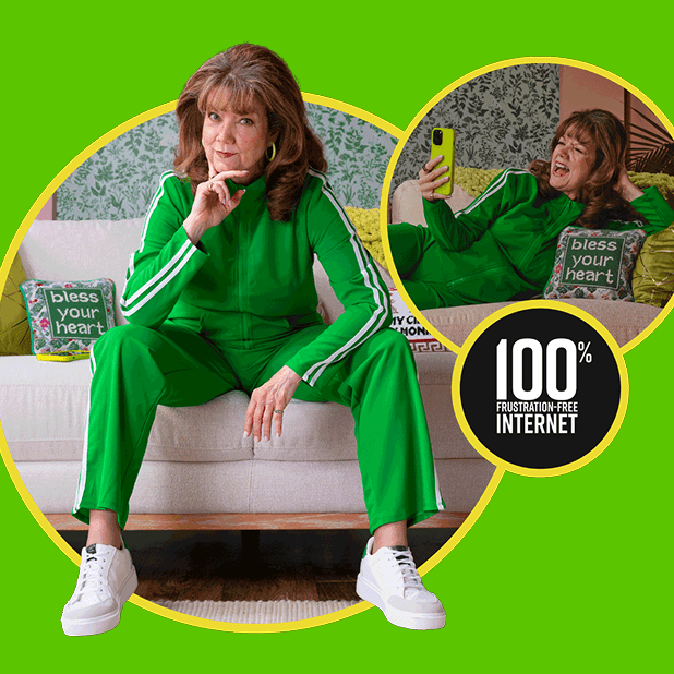 An image with a bright green background showing a woman sitting on a white sofa. She has brown shoulder length wavy hair and is wearing a green tracksuit with two white stripes on the side of her trousers and sleeves. She is wearing white trainers and has her right-hand fingers resting under her chin. To her right is another picture showing her laughing while holding a green phone in her right hand as she lies on her sofa.