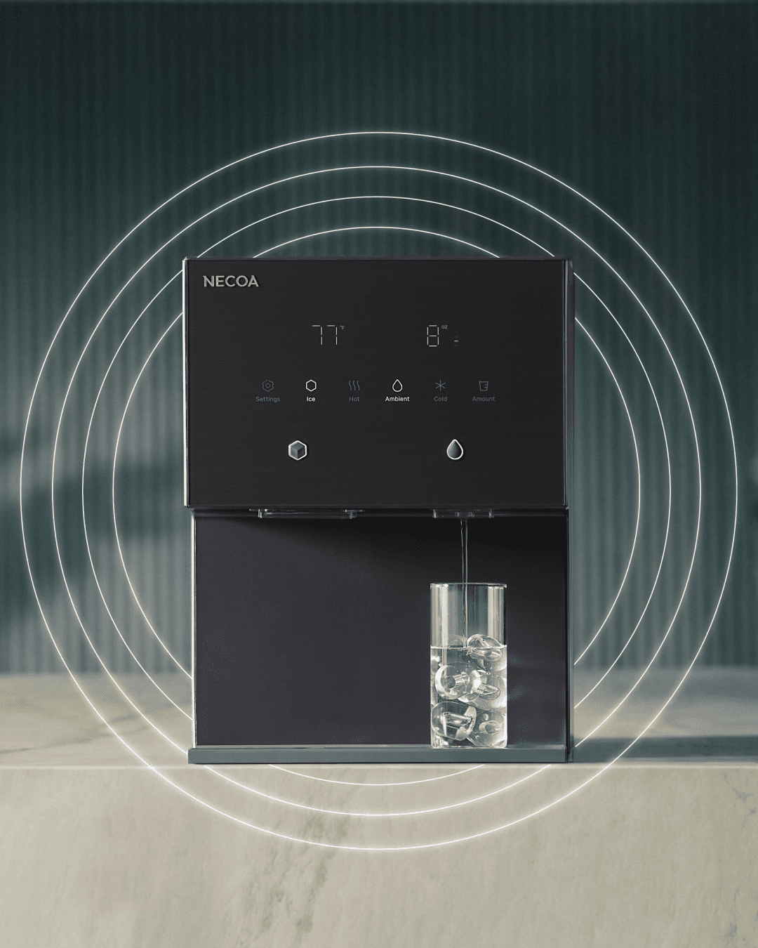 A sleek black NECOA water dispenser is shown in operation, with cold water being poured into a glass filled with ice. The digital display shows '77' and '8', with icons for settings, ice, hot, ambient, cold, and amount. White concentric circles emanate from the dispenser.