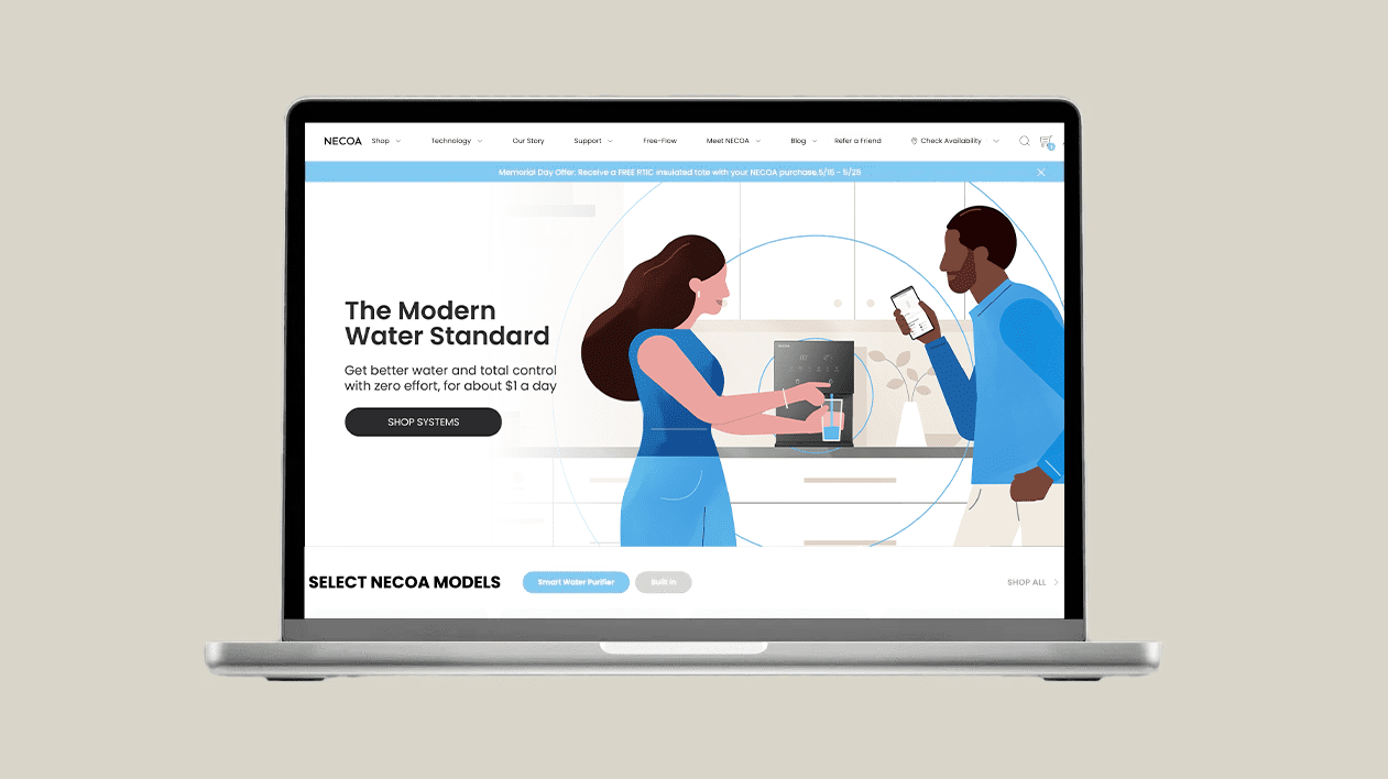 A laptop showing the NECOA website homepage with a modern vector illustration of a man and a woman using a smart water dispenser.