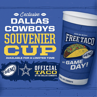 A promotional advertisement for Taco Bueno's exclusive Dallas Cowboys Souvenir Cup, featuring a blue cup graphic offering a 'Free Taco on Game Day!' and text announcing Taco Bueno as the official taco of the Dallas Cowboys.