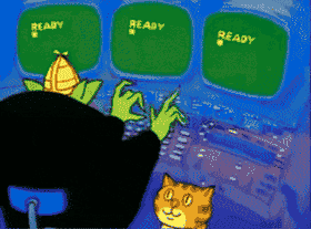 An animated cartoon of a green goblin-like creature seen from behind, typing frantically on a keyboard in front of three green monitors that spell out 'READY'. A smiling orange tabby cat watches from beside the chair.
