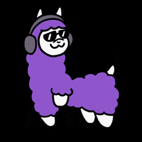 A simple cartoon illustration of a cute purple llama wearing black sunglasses and grey headphones, set against a solid black background.