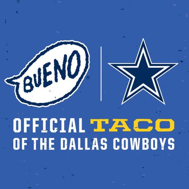 Taco Bueno logo in a stylized, hand-drawn dialog bubble alongside Dallas Cowboys logo on a blue background text reads 'Official Taco of the Dallas Cowboys'.