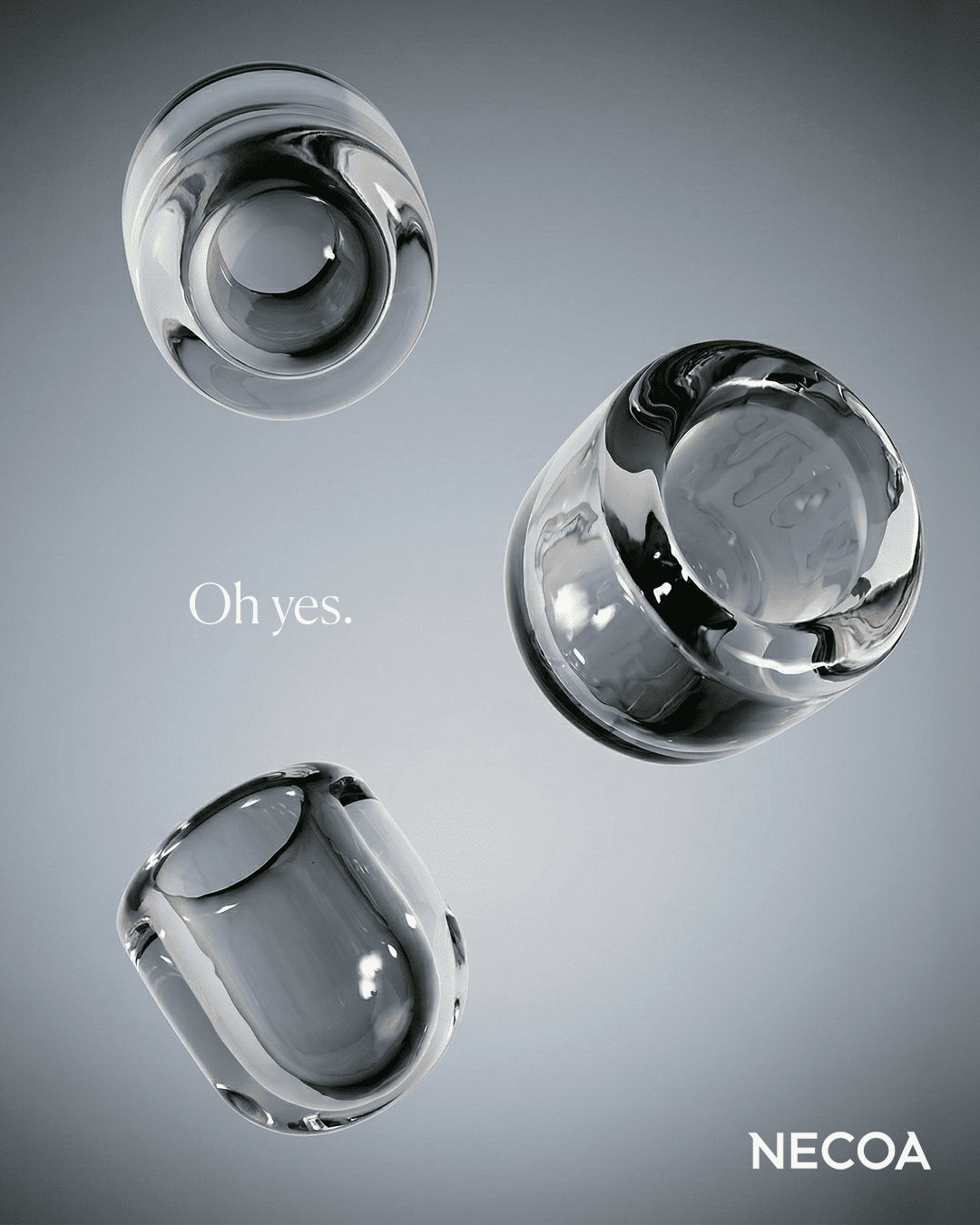 Three abstract glass shapes floating against a gradient gray background. The shapes are translucent and have swirling patterns within them. Text that reads "Oh yes." is placed on the left side, and "NECOA" is in the bottom right corner.