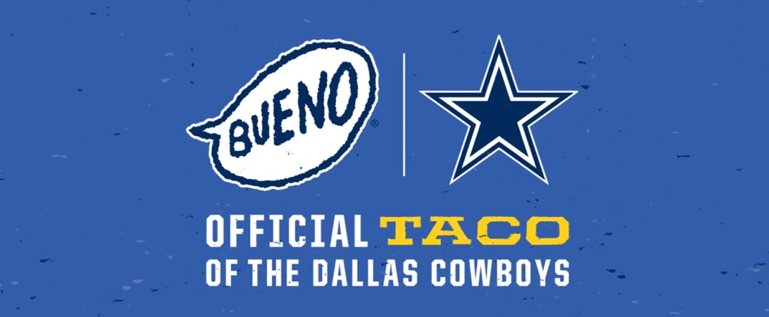 A promotional graphic on a textured blue background featuring the Taco Bueno logo and the Dallas Cowboys star logo side-by-side. Below the logos, text reads 'OFFICIAL TACO OF THE DALLAS COWBOYS' with the word 'TACO' highlighted in yellow.