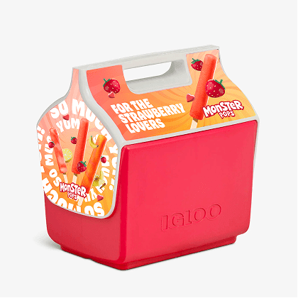 A red Igloo Playmate cooler with strawberry-themed graphics on the lid, featuring the text 'For the Strawberry Lovers' alongside strawberry popsicles and fruit illustrations.