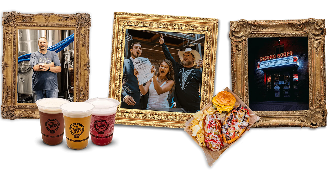 A collage style image featuring three ornate gold-framed photographs against a solid black background. In the foreground, three plastic cups with the 'Second Rodeo Brewing' logo are filled with different beers, alongside a tray of pub food including hot dogs, a burger, and potato chips. The framed pictures show a brewer smiling next to tanks, a group of friends celebrating, and the exterior neon sign of Second Rodeo Brewing at night.