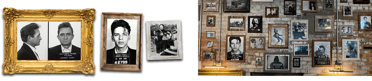 A side-by-side comparison featuring three individually framed historical mugshots of Johnny Cash, Frank Sinatra, and Bonnie Parker on the left, next to a larger brick wall filled with numerous framed black-and-white celebrity mugshots on the right.