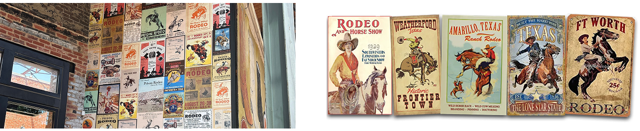 A two-panel image showing a brick wall covered in vintage rodeo posters on the left and a close-up display of five vintage Texas rodeo signs on the right, advertising events in Fort Worth, Weatherford, and Amarillo.