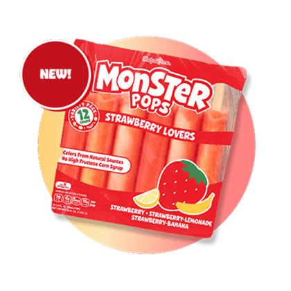 A package of Monster Pops 'Strawberry Lovers' variety pack ice pops, featuring flavors like Strawberry, Strawberry-Lemonade, and Strawberry-Banana. The package displays a 'NEW!' badge on the top left, a '12 Count' circular label, and highlights that the pops have 'Colors From Natural Sources' and 'No High Fructose Corn Syrup'.